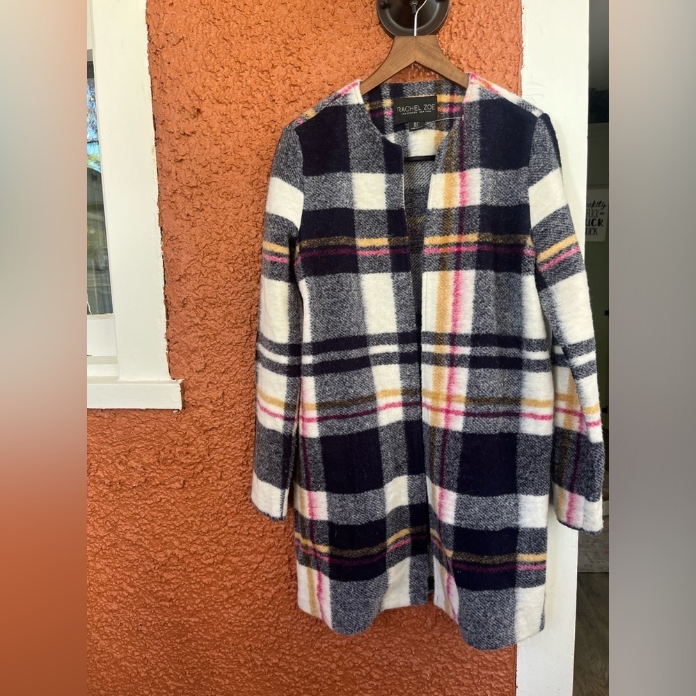 Rachel Zoe Womens Wool Blend Open Front Long Jacket Multicolor Plaid Size Small